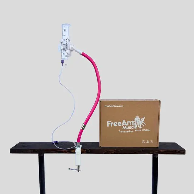 Alt view image 4 of 6 - Tube Feeding Holder, Hands-Free Gravity Syringe Feeding, Portable IV Pole for Pump Feeding & Infusions, Adjustable Clamp, Bendable Arm for Feed Rate Control and Travel | Pink
