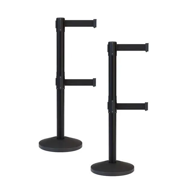 Main image of CCW Series RBB-100D - Set of 2 Stanchion Retractable Belt Barriers Dual Belt - Easy to Assemble, No Tools Required (11 Foot Belt, Black Belt with Black Post)