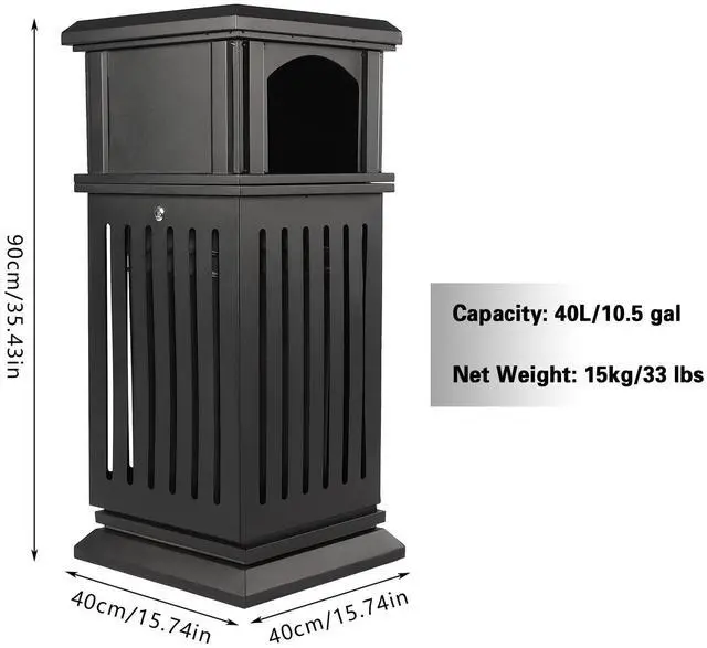 Alt view image 5 of 6 - Outdoor Trash Can, 40L Commercial Garbage Enclosure with Locking Lid, Heavy Duty Industrial Yard Garage Waste Container, Installation-Free, 35.4 x 15.7 x 15.7 in, Galvanized Sheet (Black)