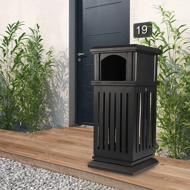 Alt view image 6 of 6 - Outdoor Trash Can, 40L Commercial Garbage Enclosure with Locking Lid, Heavy Duty Industrial Yard Garage Waste Container, Installation-Free, 35.4 x 15.7 x 15.7 in, Galvanized Sheet (Black)