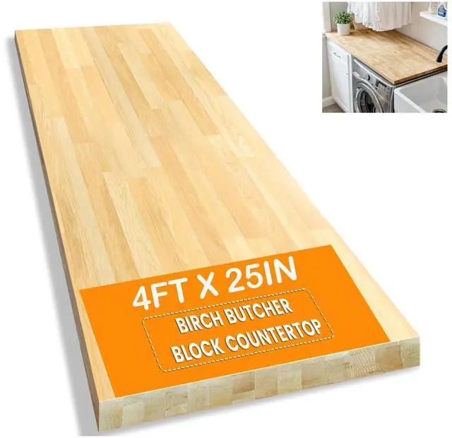Main image of 48"x25" Butcher Block Countertop Island, 4FT Unfinished Solid Birch Wood DIY Countertop, Durable Counter Table Tops for Kitchen Bar, Workshop, Laundry Counters Dining Room Tables 1.5" Thick