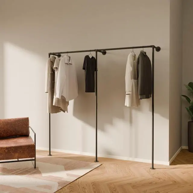 Main image of Wall Mounted Clothes Rack Single Rod Industrial Pipe Clothing Rack | Black | 79.13 in Wide, 75.98 in Tall | 441 lbs Capacity | Assembly in 25 min