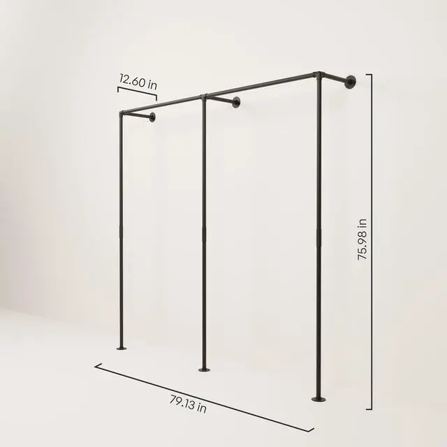 Alt view image 2 of 6 - Wall Mounted Clothes Rack Single Rod Industrial Pipe Clothing Rack | Black | 79.13 in Wide, 75.98 in Tall | 441 lbs Capacity | Assembly in 25 min