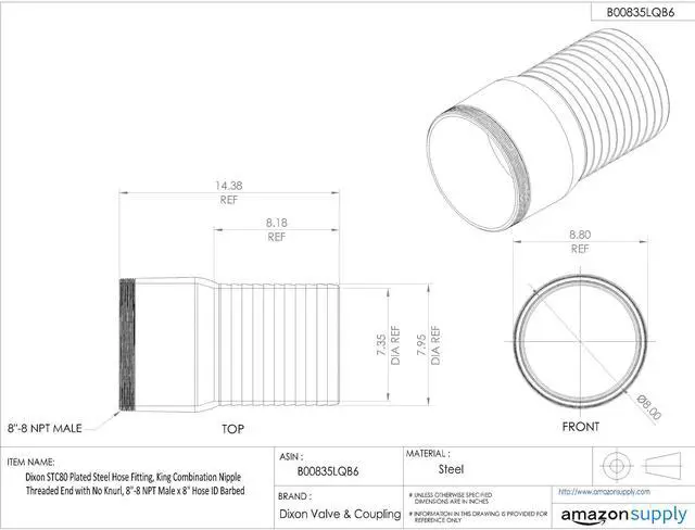 Alt view image 3 of 3 - STC80 Plated Steel Hose Fitting, King Combination Nipple Threaded End with No Knurl, 8"-8 NPT Male x 8" Hose ID Barbed