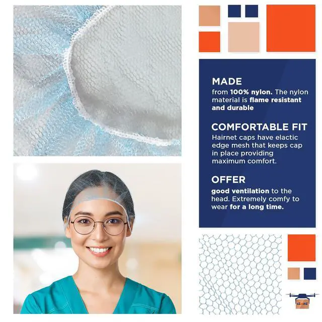 Alt view image 3 of 6 - Disposable Hair Nets, Blue, 18 Inches, Pack of 1000, Nylon with Elastic Edge, Suitable for Food Service, Work, and General Use