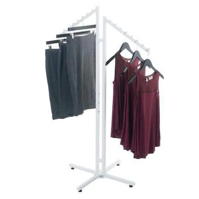 Alt view image 2 of 3 - White 2-Way Clothing Display Rack - Sleek Retail Clothing Rack with Slant Arms for Garment Display (48"-72"H 3" Increments) - Sturdy Clothes Rack for Boutique, Thrift Store, and