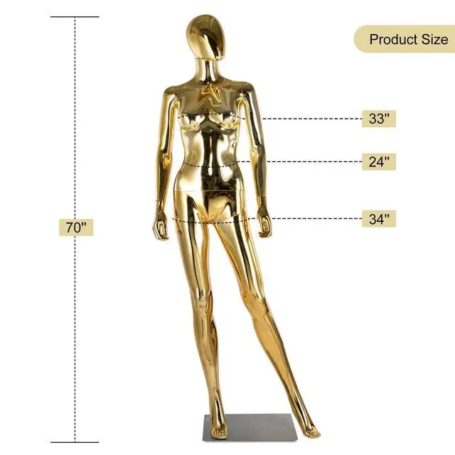 Alt view image 2 of 6 - Female Mannequin Full Body Golden, 70" Adjustable Stand Realistic Mannequin Display Set Plastic Detachable Manequins with Metal Base for Display
