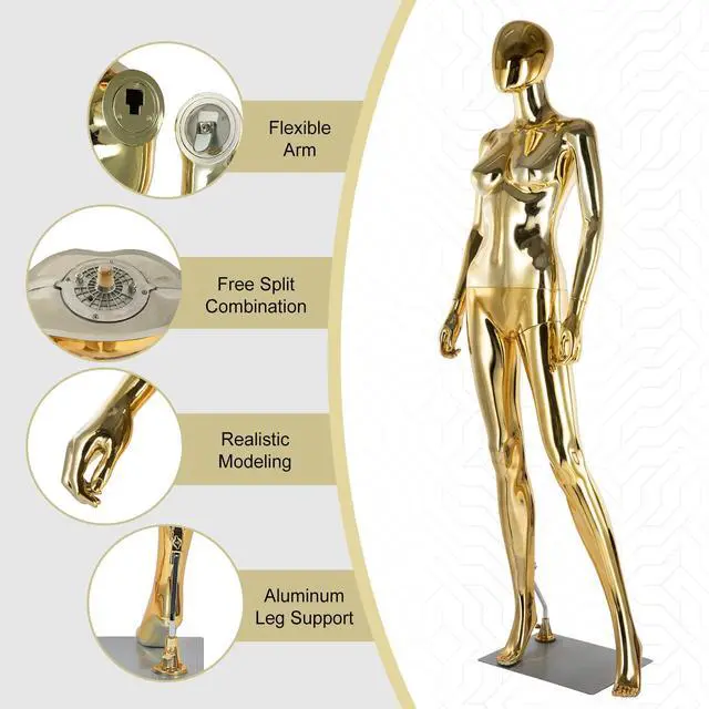 Alt view image 4 of 6 - Female Mannequin Full Body Golden, 70" Adjustable Stand Realistic Mannequin Display Set Plastic Detachable Manequins with Metal Base for Display