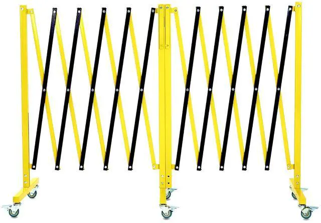 Main image of 19.8 ft Industrial Expandable Metal Barricade, Rotatable & Portable Safety Barrier with a Warning Board and Casters, Retractable Traffic Fence Mobile Safety Barrier Gate Yellow Black