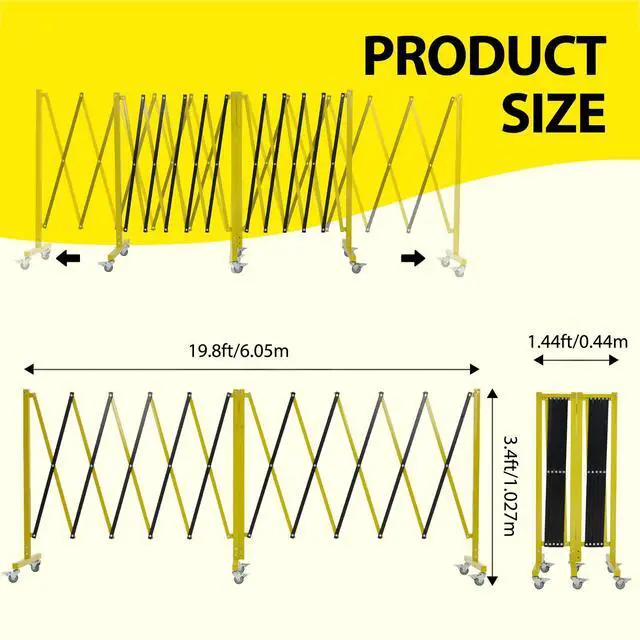 Alt view image 2 of 6 - 19.8 ft Industrial Expandable Metal Barricade, Rotatable & Portable Safety Barrier with a Warning Board and Casters, Retractable Traffic Fence Mobile Safety Barrier Gate Yellow Black