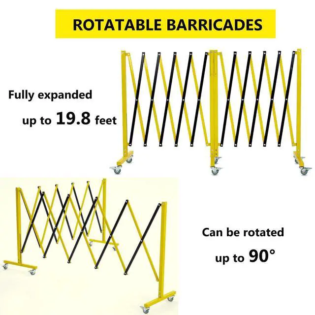 Alt view image 3 of 6 - 19.8 ft Industrial Expandable Metal Barricade, Rotatable & Portable Safety Barrier with a Warning Board and Casters, Retractable Traffic Fence Mobile Safety Barrier Gate Yellow Black