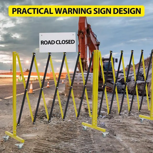 Alt view image 4 of 6 - 19.8 ft Industrial Expandable Metal Barricade, Rotatable & Portable Safety Barrier with a Warning Board and Casters, Retractable Traffic Fence Mobile Safety Barrier Gate Yellow Black