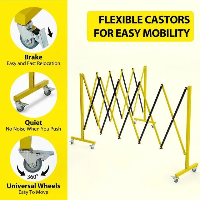 Alt view image 5 of 6 - 19.8 ft Industrial Expandable Metal Barricade, Rotatable & Portable Safety Barrier with a Warning Board and Casters, Retractable Traffic Fence Mobile Safety Barrier Gate Yellow Black