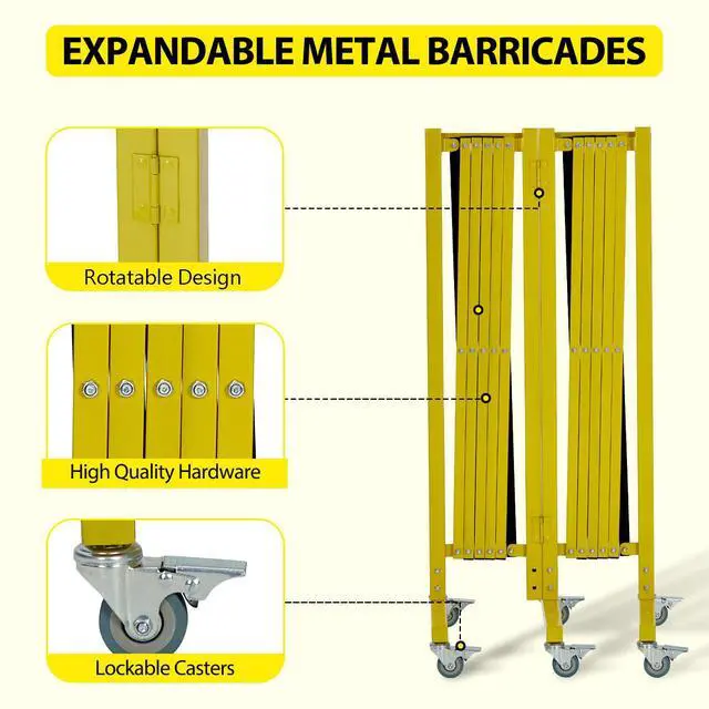 Alt view image 6 of 6 - 19.8 ft Industrial Expandable Metal Barricade, Rotatable & Portable Safety Barrier with a Warning Board and Casters, Retractable Traffic Fence Mobile Safety Barrier Gate Yellow Black