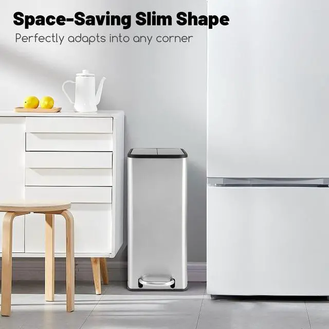 Alt view image 2 of 6 - 12 Gallon Stainless Steel Trash Can, Kitchen Waste Bin with Soft-Closing Wing Lids & Removable Inner Bucket, Slim Step Garbage Can for Living Room Home Office, Silver
