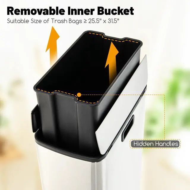 Alt view image 3 of 6 - 12 Gallon Stainless Steel Trash Can, Kitchen Waste Bin with Soft-Closing Wing Lids & Removable Inner Bucket, Slim Step Garbage Can for Living Room Home Office, Silver