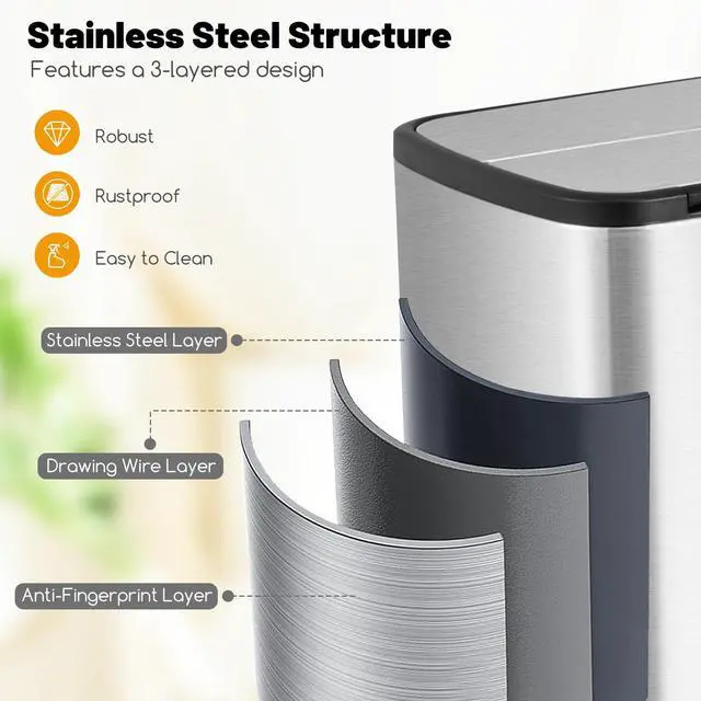 Alt view image 4 of 6 - 12 Gallon Stainless Steel Trash Can, Kitchen Waste Bin with Soft-Closing Wing Lids & Removable Inner Bucket, Slim Step Garbage Can for Living Room Home Office, Silver