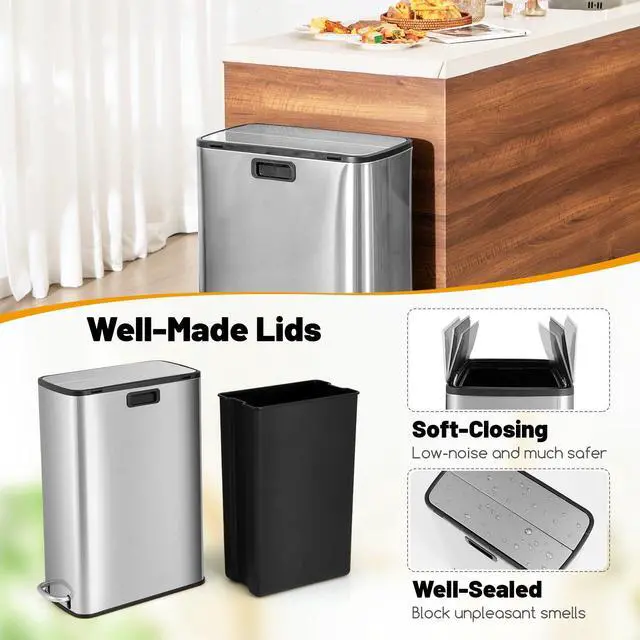 Alt view image 5 of 6 - 12 Gallon Stainless Steel Trash Can, Kitchen Waste Bin with Soft-Closing Wing Lids & Removable Inner Bucket, Slim Step Garbage Can for Living Room Home Office, Silver