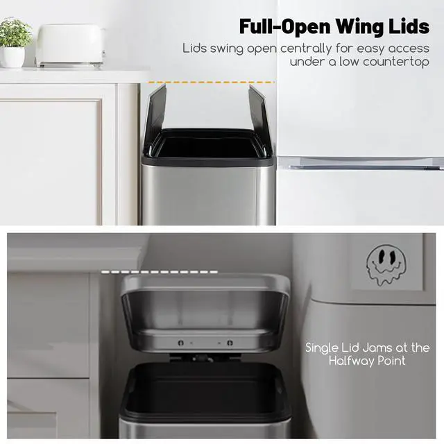 Alt view image 6 of 6 - 12 Gallon Stainless Steel Trash Can, Kitchen Waste Bin with Soft-Closing Wing Lids & Removable Inner Bucket, Slim Step Garbage Can for Living Room Home Office, Silver