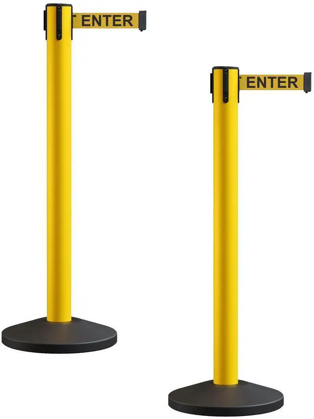 Main image of CCW Series RBB-150 - Set of 2 Stanchion Retractable Belt Barriers - 16 Foot, Yellow"Caution - DO NOT Enter" Black Letters Belt with Yellow Post - Easy Assembly