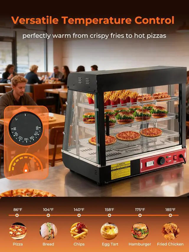 Alt view image 3 of 6 - Commercial Food Warmer 26", 3-Tier Heated Display Case w/LED Light and Adjustable Thermostat, Removable Shelves, Countertop Pizza Pastry Warmer for Buffet Restaurant Bakery 1200W