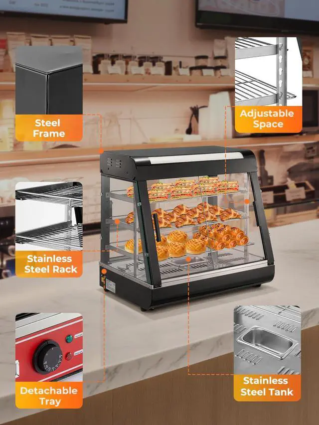 Alt view image 4 of 6 - Commercial Food Warmer 26", 3-Tier Heated Display Case w/LED Light and Adjustable Thermostat, Removable Shelves, Countertop Pizza Pastry Warmer for Buffet Restaurant Bakery 1200W