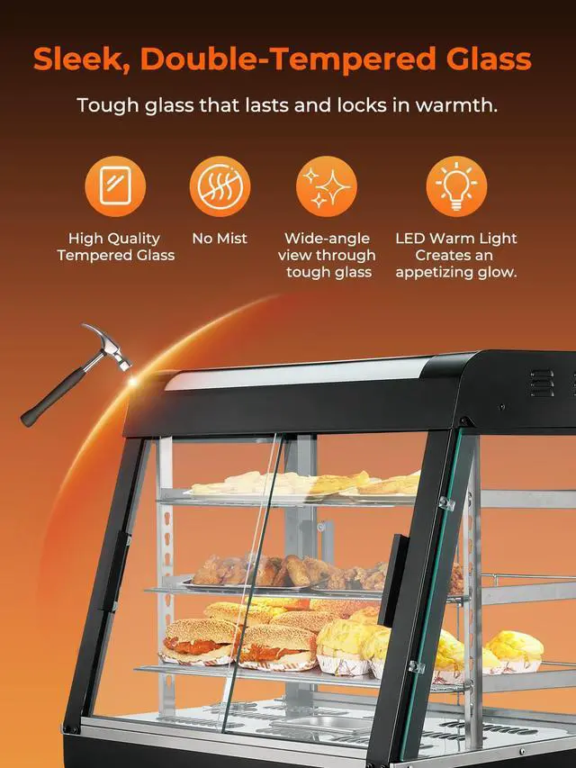Alt view image 5 of 6 - Commercial Food Warmer 26", 3-Tier Heated Display Case w/LED Light and Adjustable Thermostat, Removable Shelves, Countertop Pizza Pastry Warmer for Buffet Restaurant Bakery 1200W