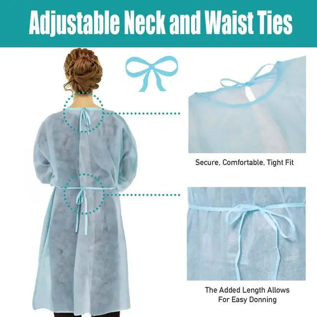Alt view image 3 of 6 - 200 Pcs Disposable PPE Isolation Medical Gowns by | Level 1 Polypropylene Lab Gowns | Full Back Coverage Double Tie Closure Knit Cuffs SMS 40 GSM Material Universal Size