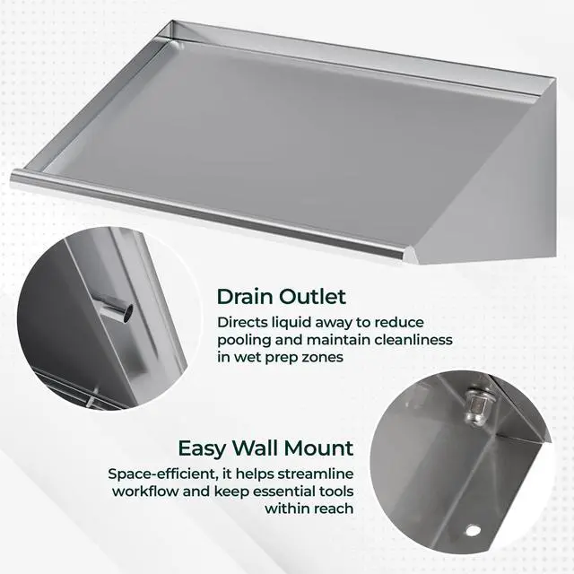 Alt view image 3 of 6 - 304 Stainless Steel Slanted Wall Rack Shelf with Drain Outlet 21" x 22.5" | Compact Wall-Mounted Drip Shelf for Commercial Kitchen or Bar (21 in. x 22 1/2 in)
