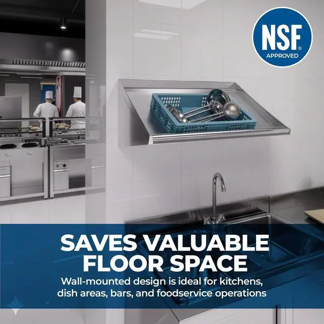 Alt view image 6 of 6 - 304 Stainless Steel Slanted Wall Rack Shelf with Drain Outlet 21" x 22.5" | Compact Wall-Mounted Drip Shelf for Commercial Kitchen or Bar (21 in. x 22 1/2 in)