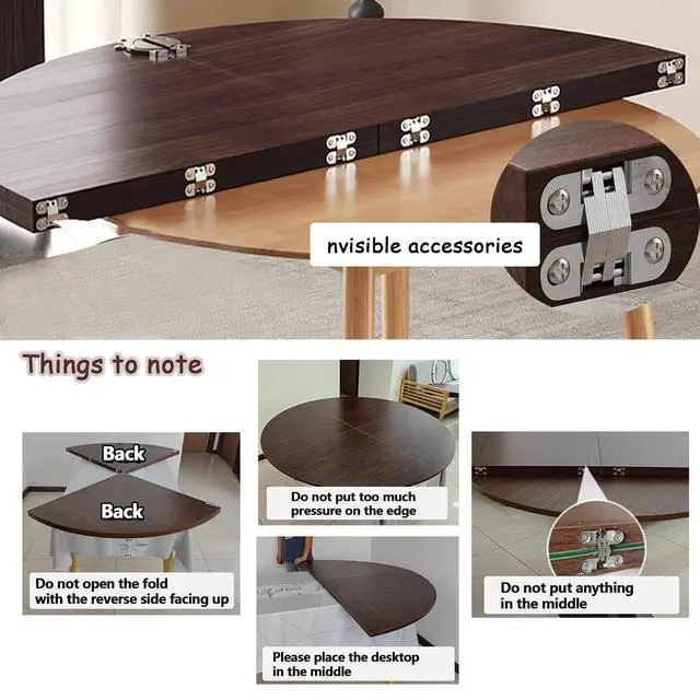Alt view image 6 of 6 - Large Round Foldable Table Top, 59 Diameter Portable Dining Table Extender Top, No Legs Wooden Round Table Tops Only, for Round Table and Square Table (Walnut, 71in)