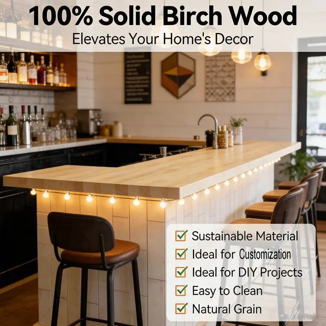 Alt view image 2 of 6 - 36"x25" Butcher Block Countertop Island, 3FT Unfinished Solid Birch Wood DIY Countertop, Durable Counter Table Tops for Kitchen Bar, Workshop, Laundry Counters Dining Room Tables 1.5" Thick