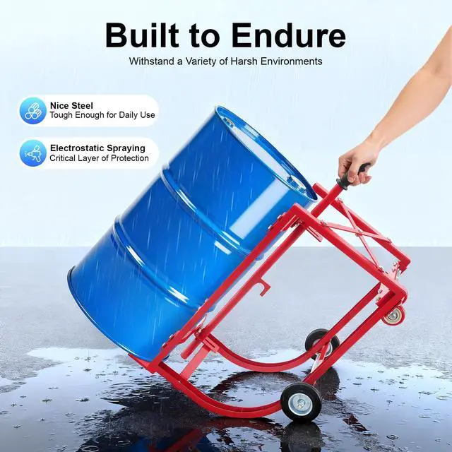 Alt view image 3 of 6 - Drum Cradle 55 Gallon Drum Cart Rack Steel Oil Drum Handling Cradle with 4 Wheels and Retractable Drawbar, Up to 600lbs Capacity