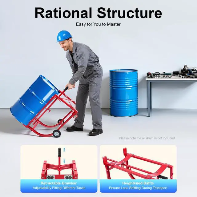 Alt view image 5 of 6 - Drum Cradle 55 Gallon Drum Cart Rack Steel Oil Drum Handling Cradle with 4 Wheels and Retractable Drawbar, Up to 600lbs Capacity