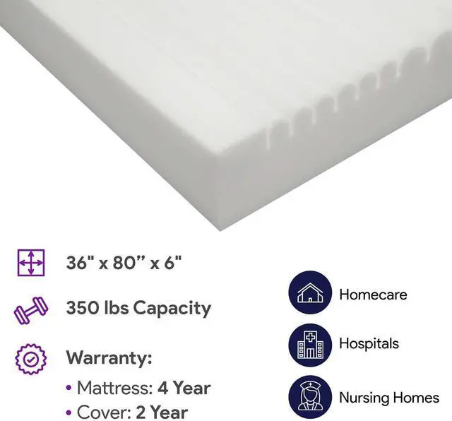 Alt view image 6 of 6 - Hospital Bed Mattress for Pressure Redistribution - Channel-Cut High Density Foam - 36" x 80" x 6" - Medical Mattress for Low to Moderate Bedsore Treatment