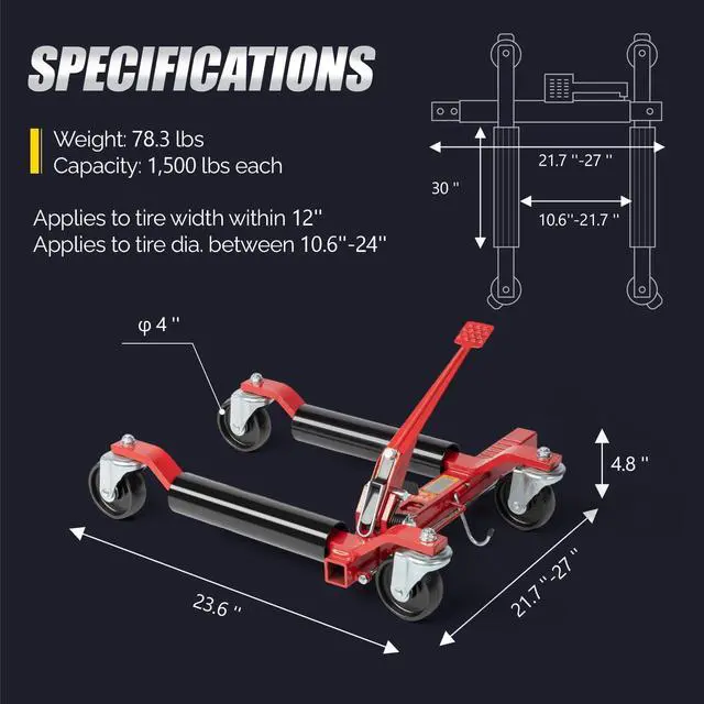 Alt view image 6 of 6 - Car Wheel Dolly Set of 4, Heavy Duty 6000 Lbs Capacity Vehicle Positioning Jack, Anti-Slip Foot Pedal&360° Swivel Casters for SUV Truck Boat Repair Moving,Red-Black