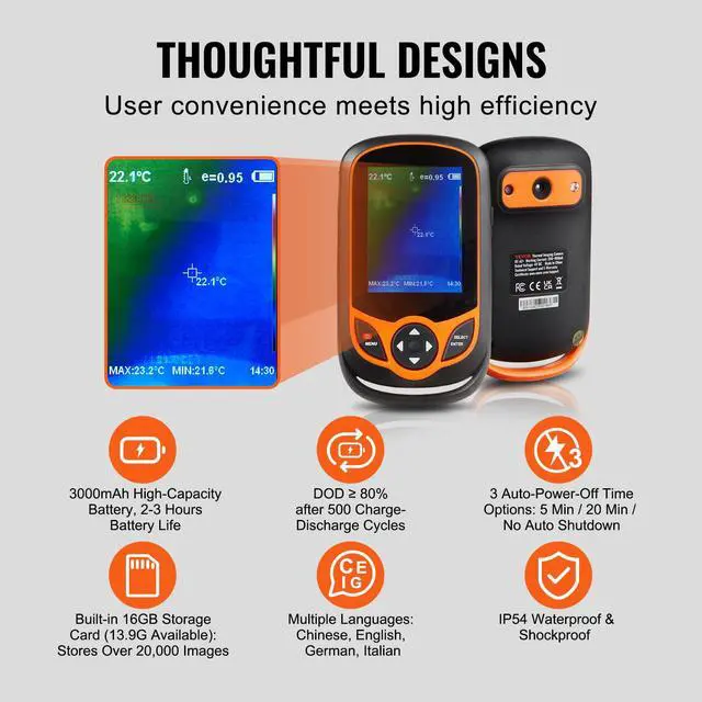 Alt view image 6 of 6 - Thermal Imaging Camera, 256 x 192 IR Resolution Pocket Infrared Thermal Imager with WiFi, 25Hz Refresh Rate Thermal Camera Pocket with 3.2" Touch Screen, 0.3MP Visual Camera, -4-1022, IP54
