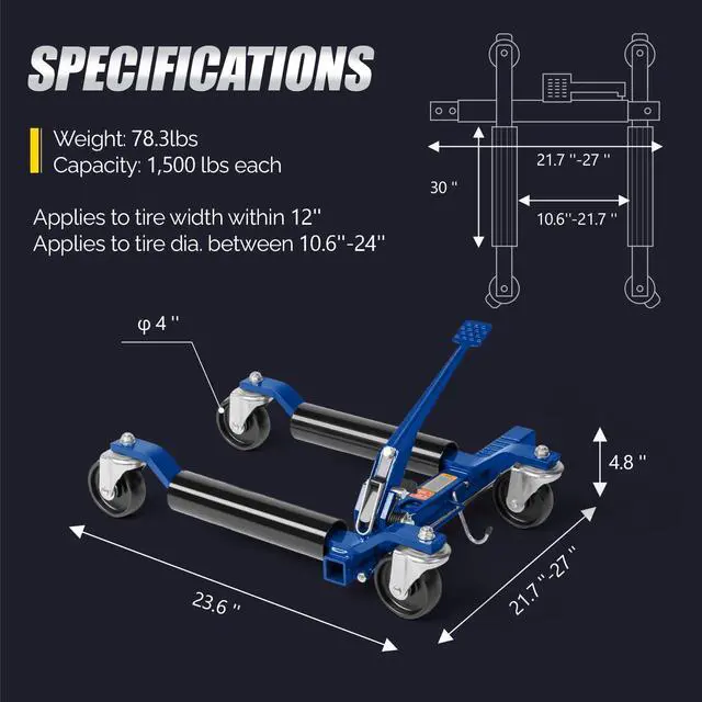 Alt view image 6 of 6 - Car Wheel Dolly Set of 4, Heavy Duty 6000 Lbs Capacity Vehicle Positioning Jack, Anti-Slip Foot Pedal&360° Swivel Casters for SUV Truck Boat Repair Moving,Black-Blue