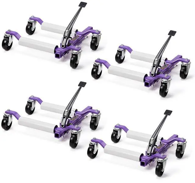 Main image of Car Wheel Dolly Jack Set of 4, Mechanical 6000-lbs Car Skates, 12'' Wheel Vehicle Positioning Jack, Heavy Duty Rollers with Ratcheting Foot Pedal for Tire Auto Repair Moving, Purple