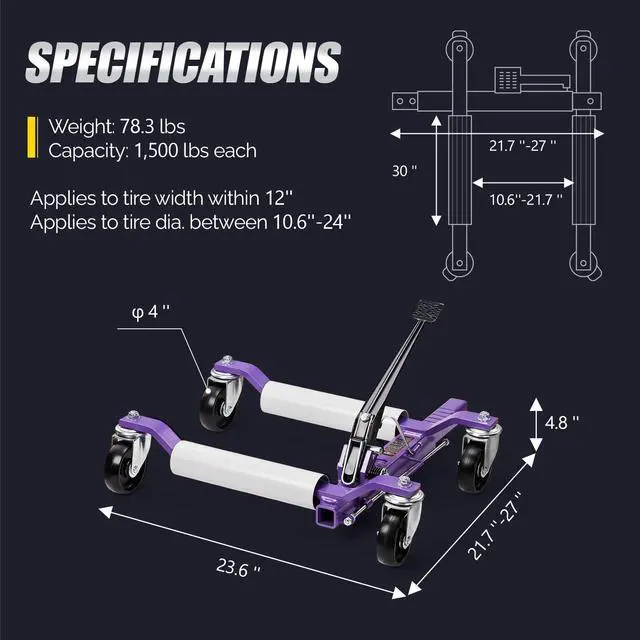 Alt view image 6 of 6 - Car Wheel Dolly Jack Set of 4, Mechanical 6000-lbs Car Skates, 12'' Wheel Vehicle Positioning Jack, Heavy Duty Rollers with Ratcheting Foot Pedal for Tire Auto Repair Moving, Purple