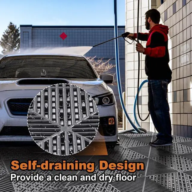 Alt view image 3 of 6 - Garage Flooring Interlocking Tiles 15.7x15.7in, 40 Pack Non Slip Self Draining Basement Floor Covering, polypropylenes Garage Mats for Workshop, Warehouse, Gym, Supports Up to 6000 Lbs Rolling Weight