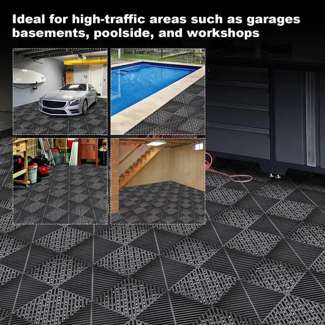 Alt view image 4 of 6 - Garage Flooring Interlocking Tiles 15.7x15.7in, 40 Pack Non Slip Self Draining Basement Floor Covering, polypropylenes Garage Mats for Workshop, Warehouse, Gym, Supports Up to 6000 Lbs Rolling Weight