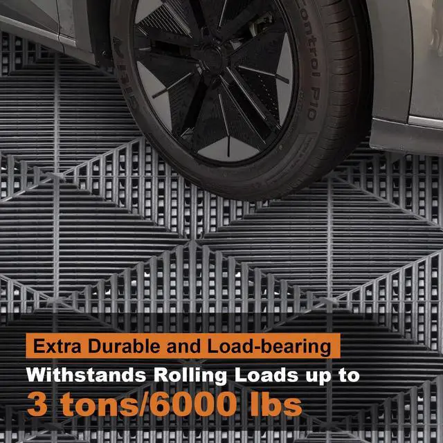 Alt view image 5 of 6 - Garage Flooring Interlocking Tiles 15.7x15.7in, 40 Pack Non Slip Self Draining Basement Floor Covering, polypropylenes Garage Mats for Workshop, Warehouse, Gym, Supports Up to 6000 Lbs Rolling Weight