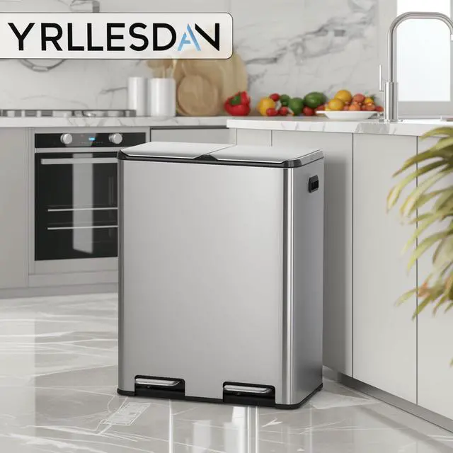 Alt view image 2 of 6 - 60 Liter / 16 Gallon Dual Compartment Stainless Steel Kitchen Trash Can,Hands-Free Step Trash Bin with Soft-Close Lid, Recycle and Garbage Can Combo, for Kitchen and Living Room (Double-lid Pedal)