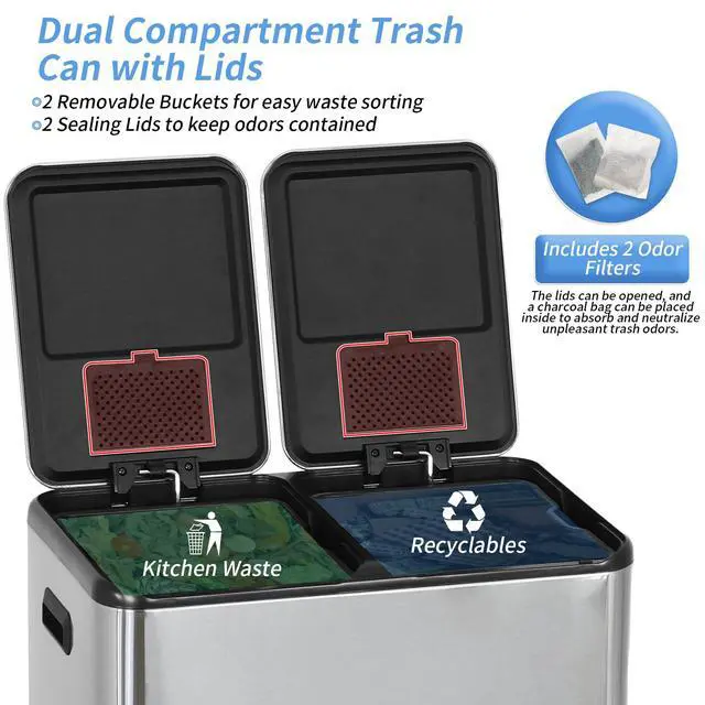 Alt view image 4 of 6 - 60 Liter / 16 Gallon Dual Compartment Stainless Steel Kitchen Trash Can,Hands-Free Step Trash Bin with Soft-Close Lid, Recycle and Garbage Can Combo, for Kitchen and Living Room (Double-lid Pedal)