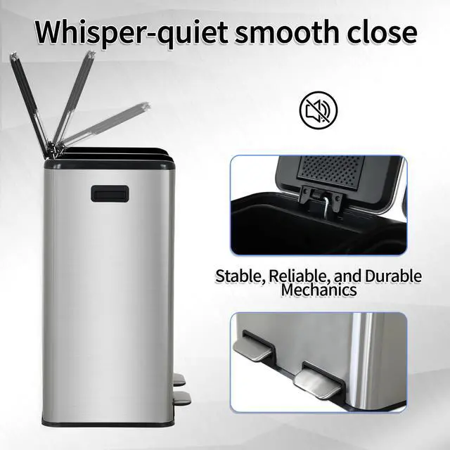 Alt view image 5 of 6 - 60 Liter / 16 Gallon Dual Compartment Stainless Steel Kitchen Trash Can,Hands-Free Step Trash Bin with Soft-Close Lid, Recycle and Garbage Can Combo, for Kitchen and Living Room (Double-lid Pedal)