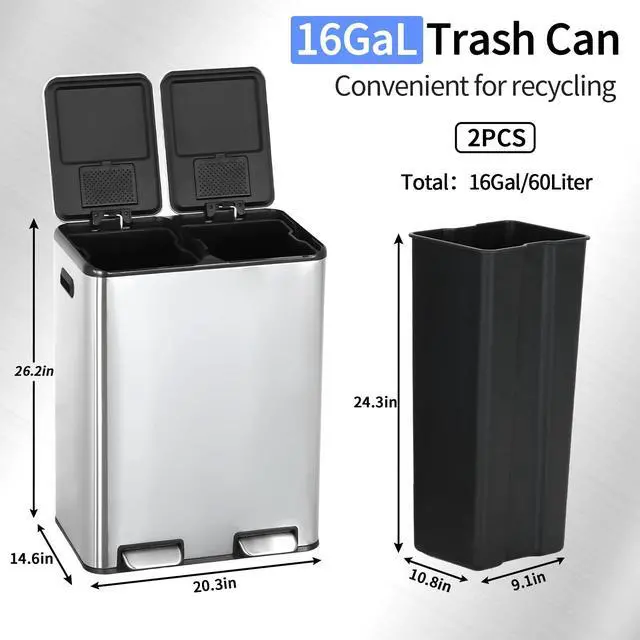 Alt view image 6 of 6 - 60 Liter / 16 Gallon Dual Compartment Stainless Steel Kitchen Trash Can,Hands-Free Step Trash Bin with Soft-Close Lid, Recycle and Garbage Can Combo, for Kitchen and Living Room (Double-lid Pedal)