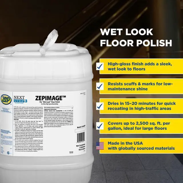 Alt view image 2 of 6 - IMAGE Wet Look Floor Polish - 5 Gallon (1 Unit) 193535 - Acrylic Copolymer Metal Interlock, Dries Quick to a Deep Gloss, Improves Resistance to Scuffs and Black Heel Marks