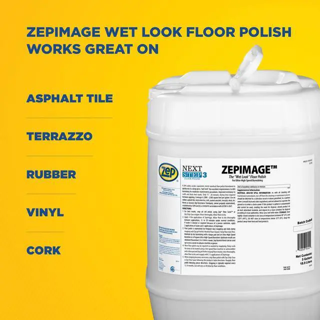 Alt view image 4 of 6 - IMAGE Wet Look Floor Polish - 5 Gallon (1 Unit) 193535 - Acrylic Copolymer Metal Interlock, Dries Quick to a Deep Gloss, Improves Resistance to Scuffs and Black Heel Marks