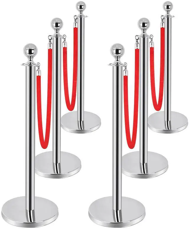 Main image of 6PCS Stainless Steel Stanchions Post w/ 4 Red Velvet 5ft Carpet Ropes - Hollow Base for Red Carpet Queue - Crowd Control Barriers Ideal for Party, Wedding, Hotels, Exhibitions - Silver
